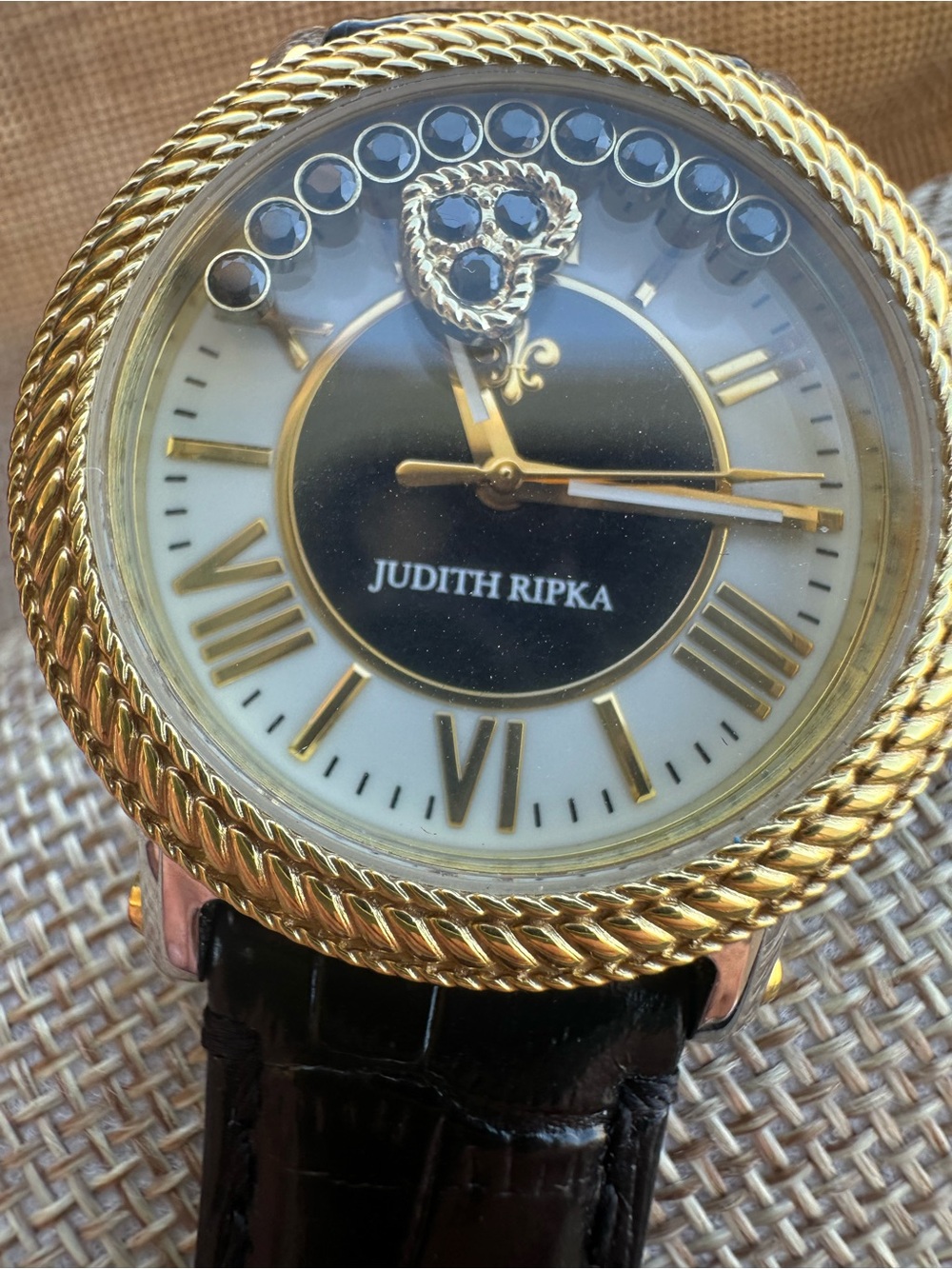 Judith Ripka Floating Crystal Heart Shaker Watch Gold Tone Leather Strap - Picture 16 of 16